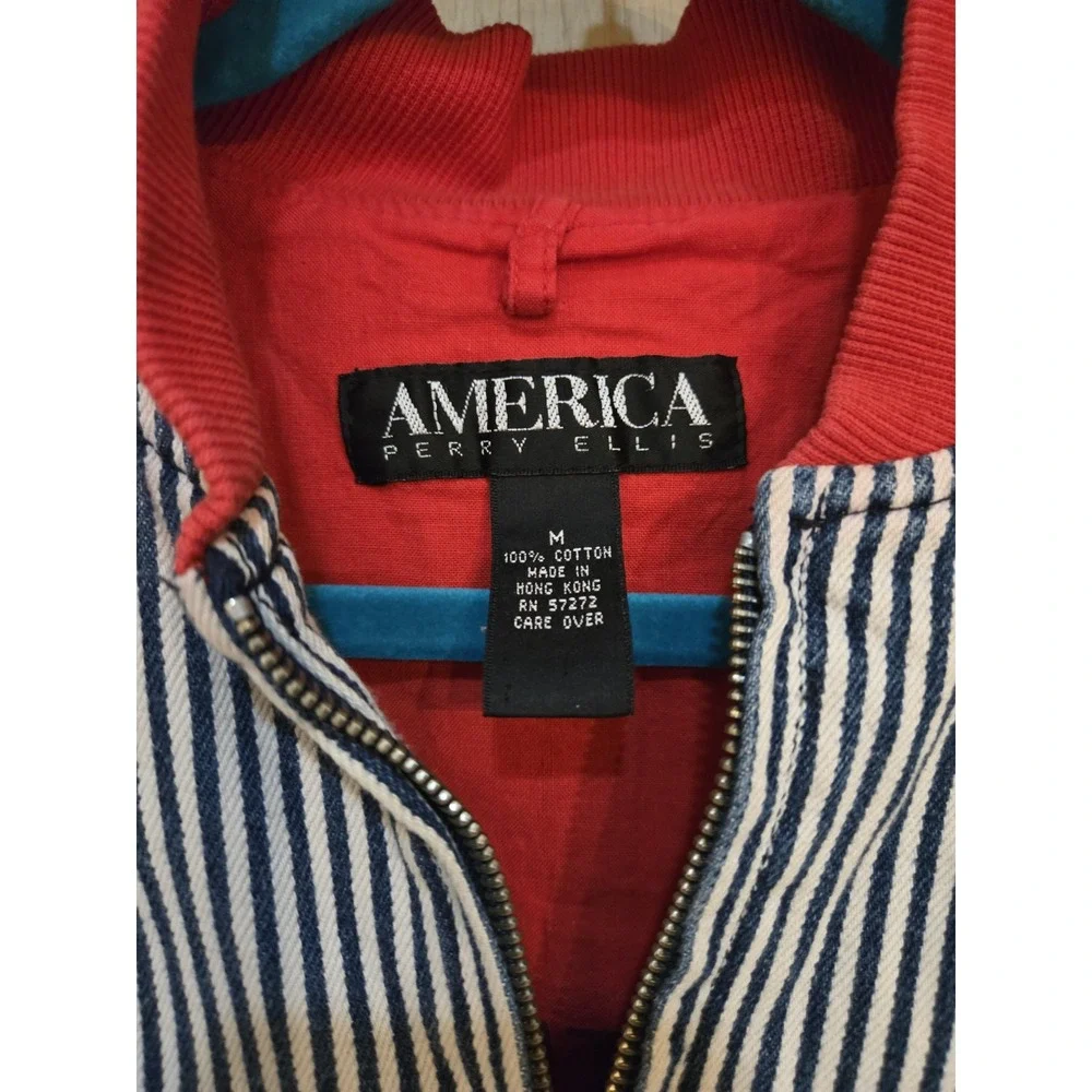 Vintage 90s Perry Ellis America Bomber Jacket M Striped Cotton Hong Kong